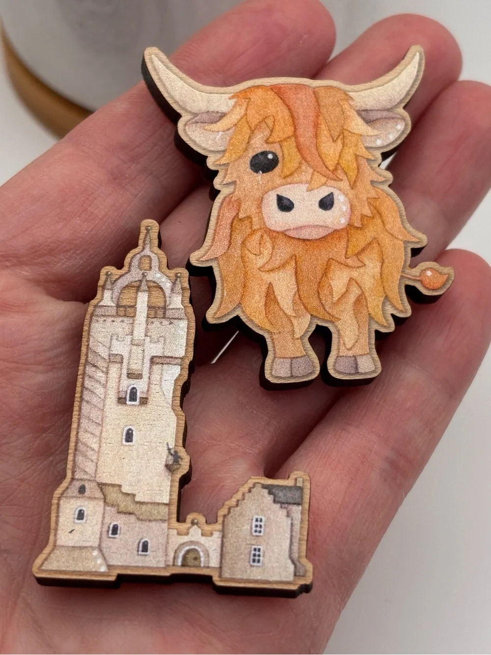 Set of 2 Laser-Cut Wooden Magnets - Scottish Highland Cow and a Castle